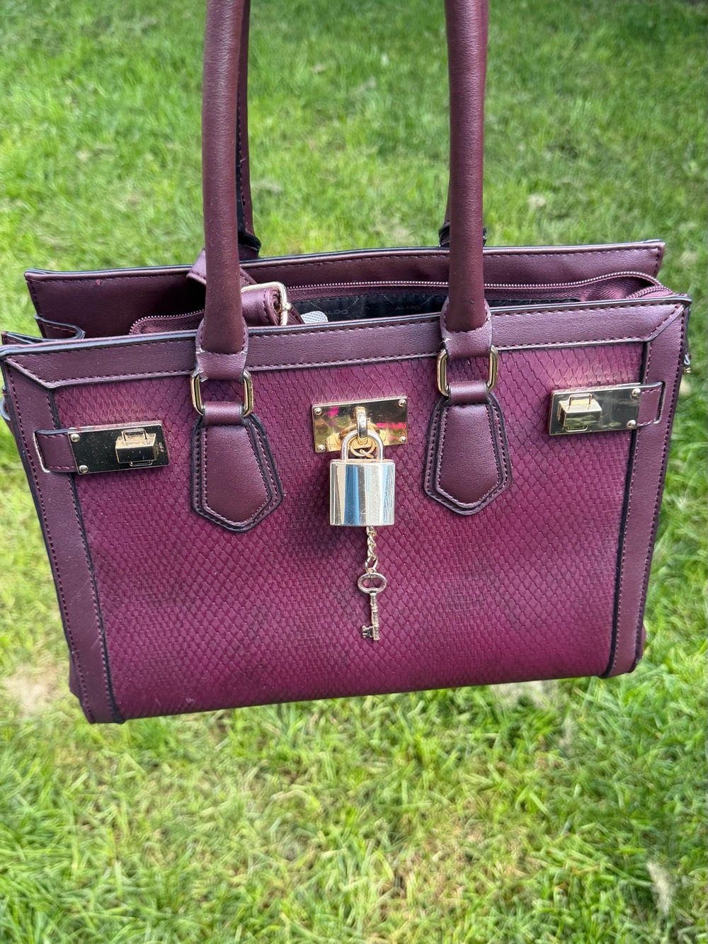 Aldo Burgundy Textured Satchel – Gold Hardware, Padlock Detail, Used - Picture 16 of 16